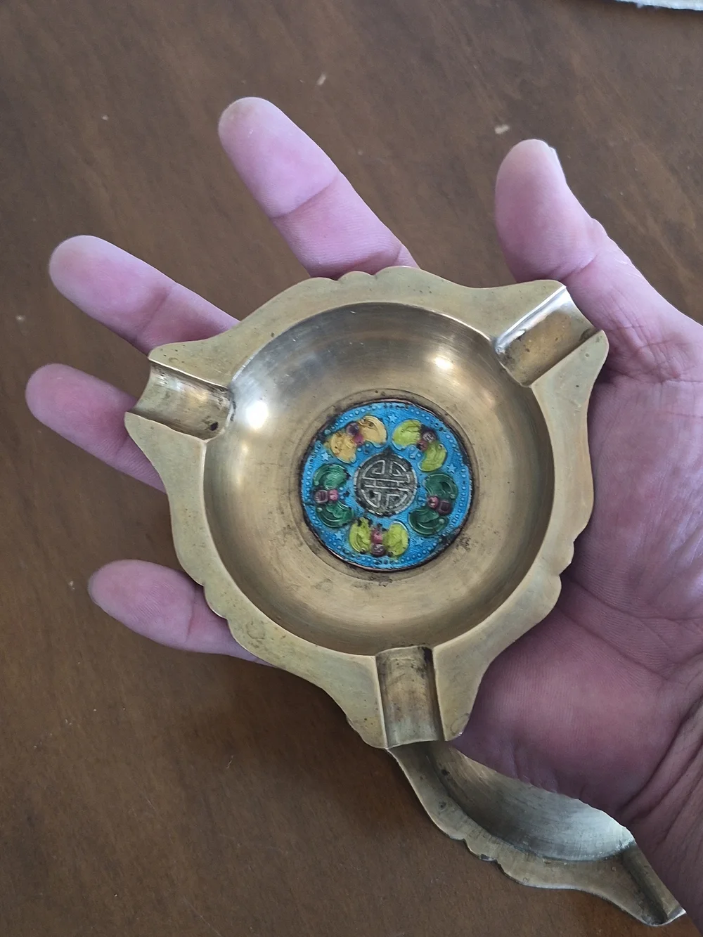 Pair of Antique Chinese Brass Ashtray With Enamel Bat Decoration